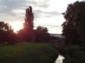 Slunce klesá za topol za levotočivý oblouk Kyjovky pod mostem v Nemoticích.